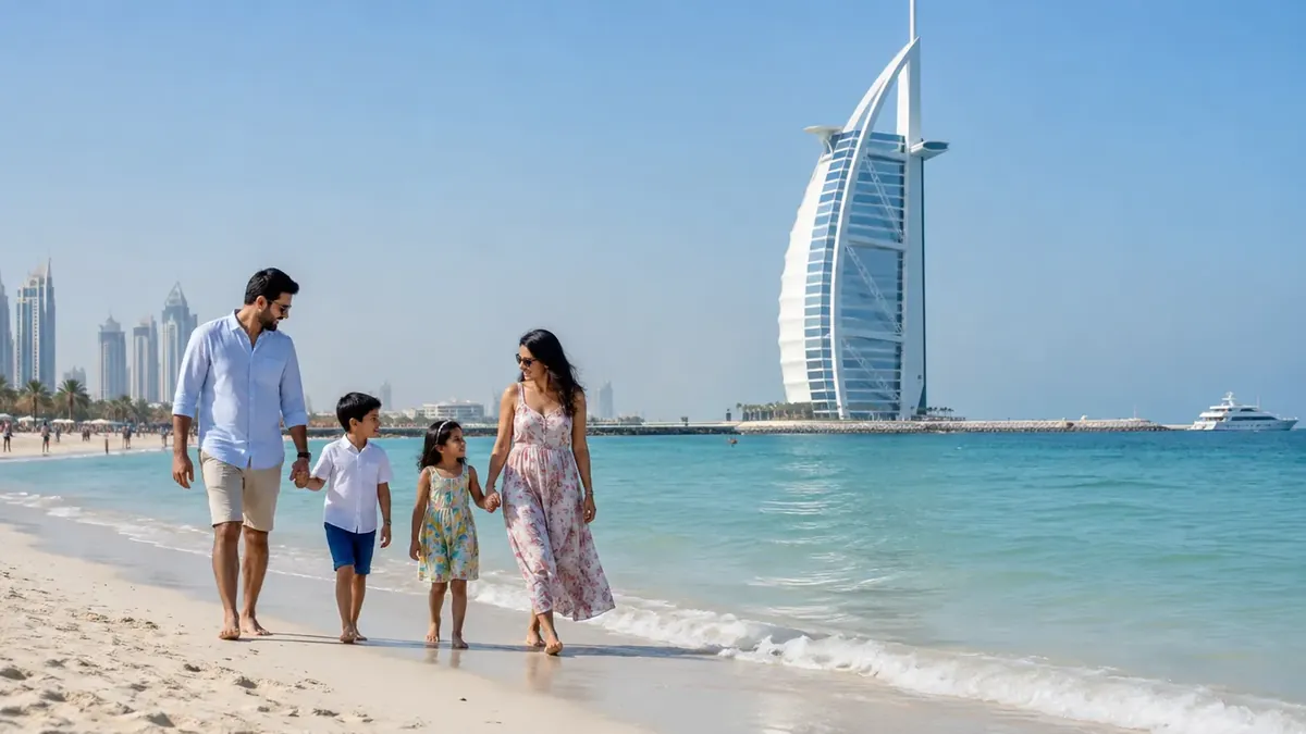 Family on the beach in Dubai with the Burj Al Arab behind them